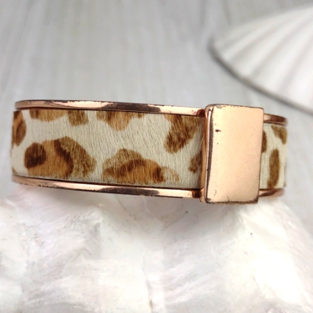 Bud to Rose Faux Leopard Fur Rose Gold Hinge Cuff Bracelet